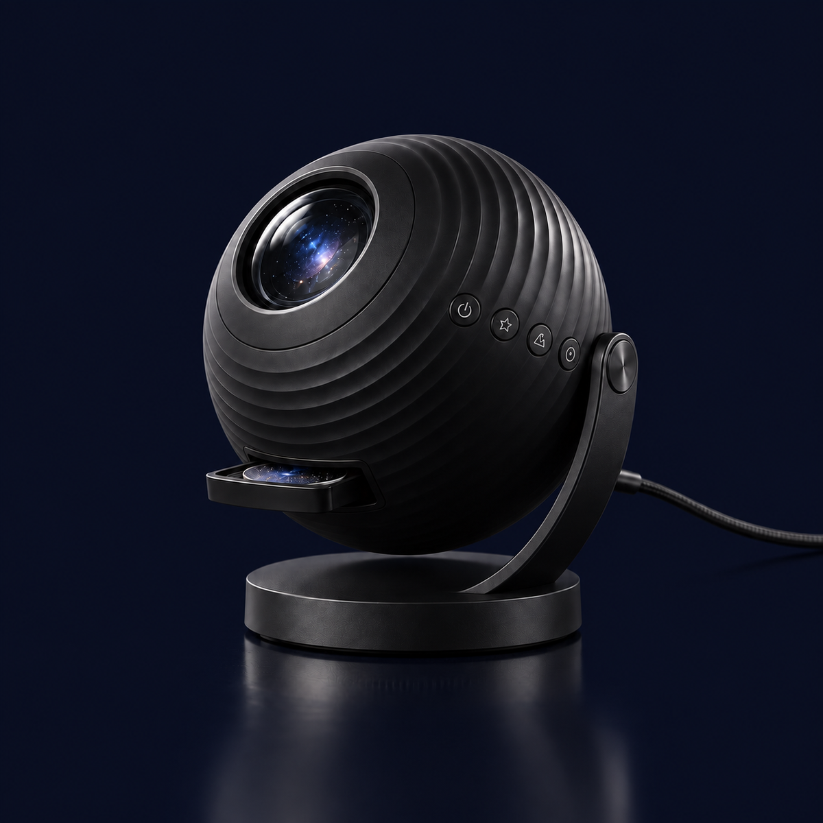 Nightroom galaxy star projector, a matte black sphere on a curved stand