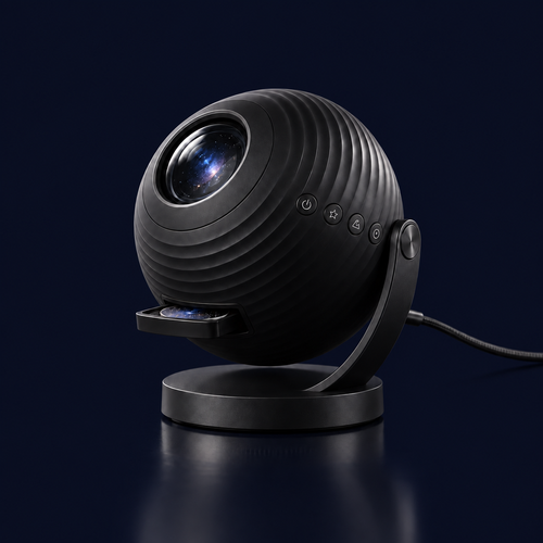 Nightroom galaxy star projector, a matte black sphere on a curved stand