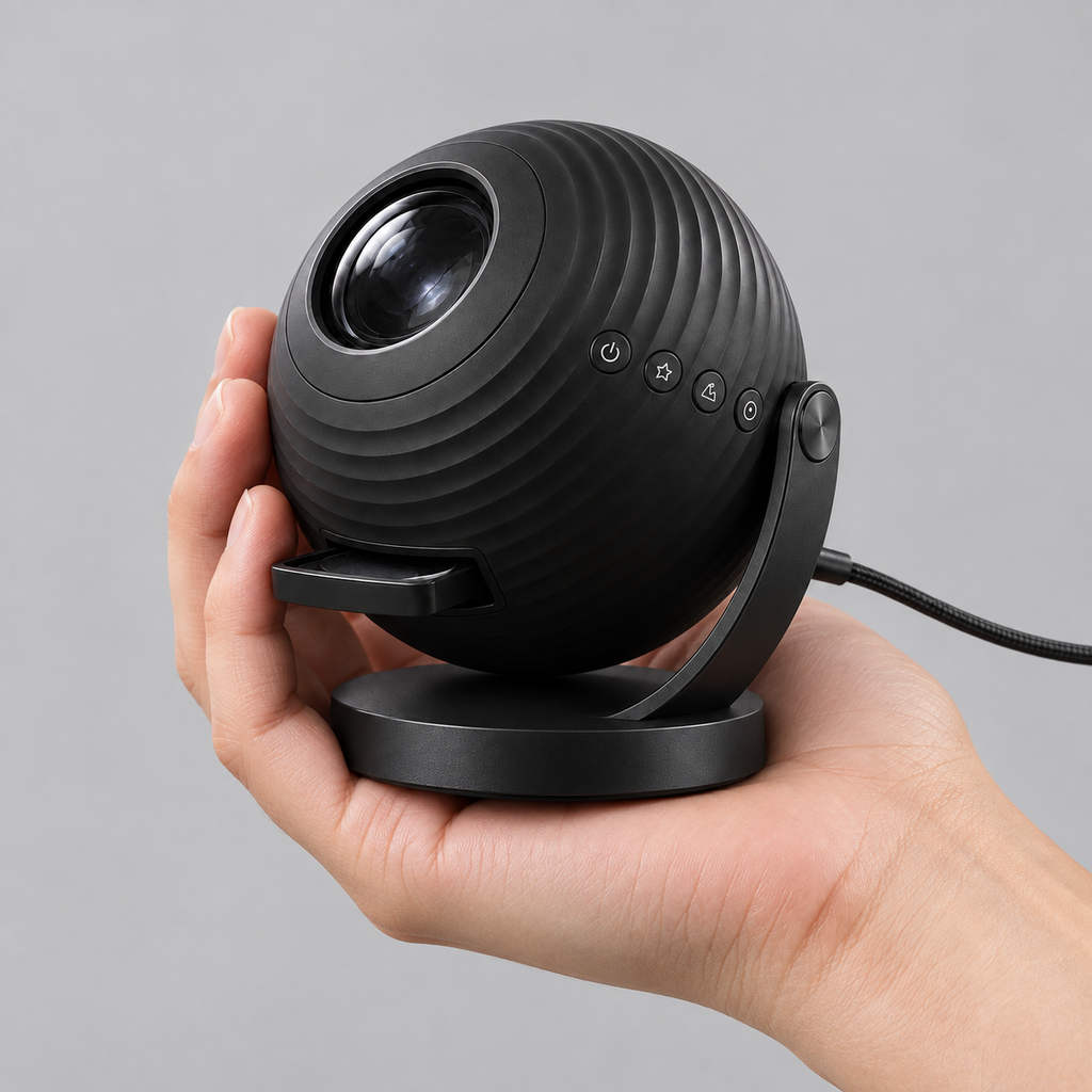 The star projector held in one hand, showing it fits in a palm