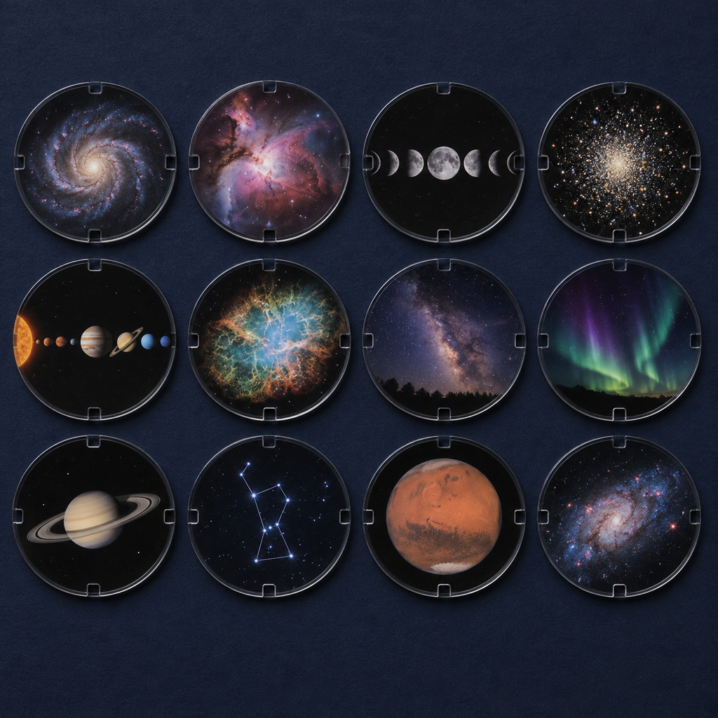 The twelve HD film discs included, showing nebulae, galaxies and the moon