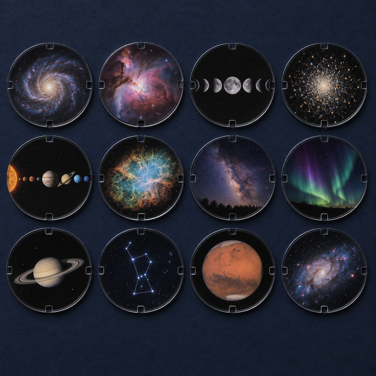 The twelve HD film discs included, showing nebulae, galaxies and the moon