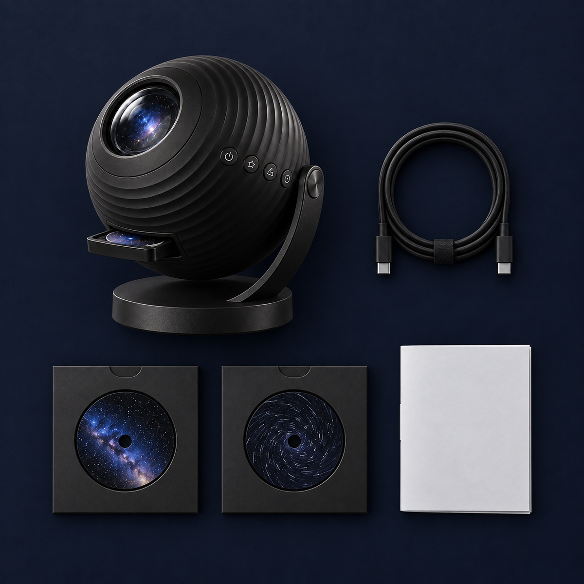 What is in the box: projector, USB-C cable, twelve discs and a manual